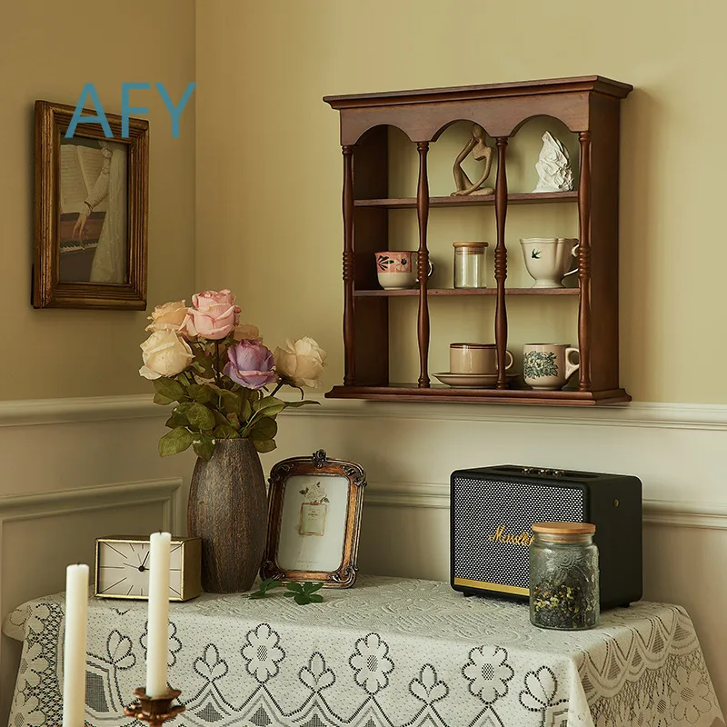 Vintage Wooden Wall Mounted Cup Holder Shelf for Retro Decor Display Rack for Collectibles Figurines Storage Organizer for