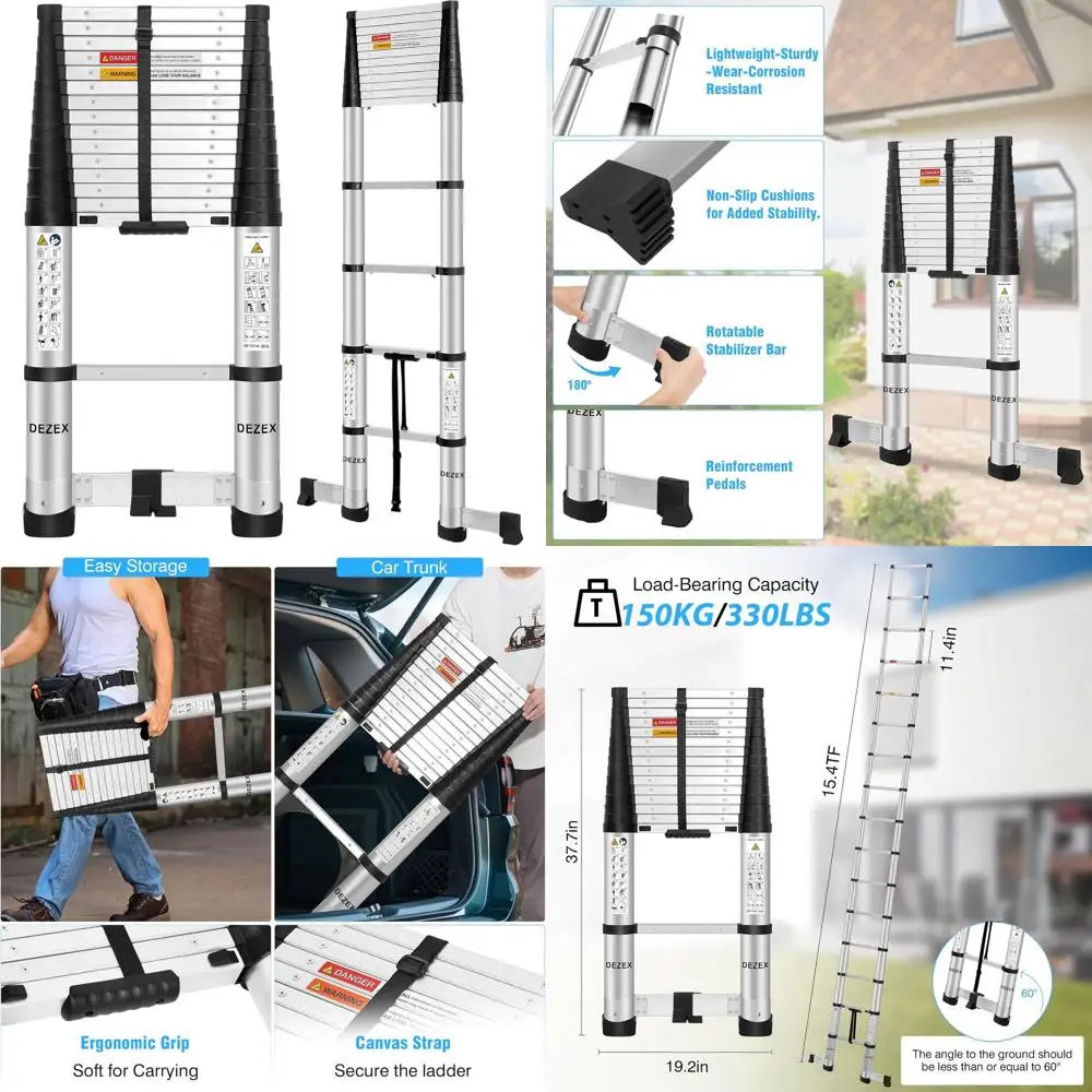 Collapsible 15.5FT Aluminum Ladder with One-Touch Retraction, 330lbs Capacity, for Home, RV, and Attic Use