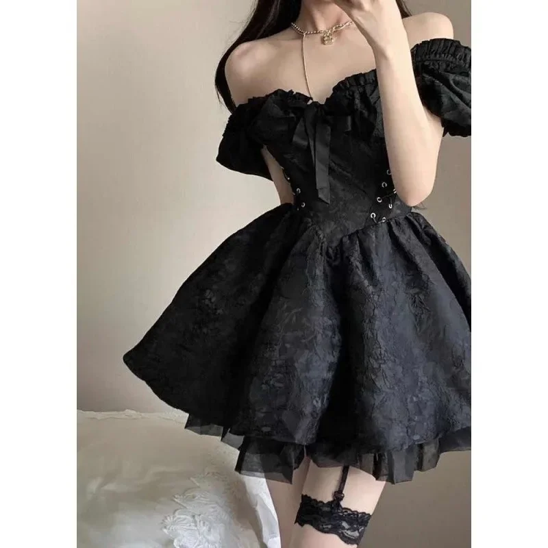 Gothic Black Mini Dress Women Vintage Sexy Spaghetti Strap High Waist Dresses 90s Punk Grunge Party Club Lolita Dress Y2k