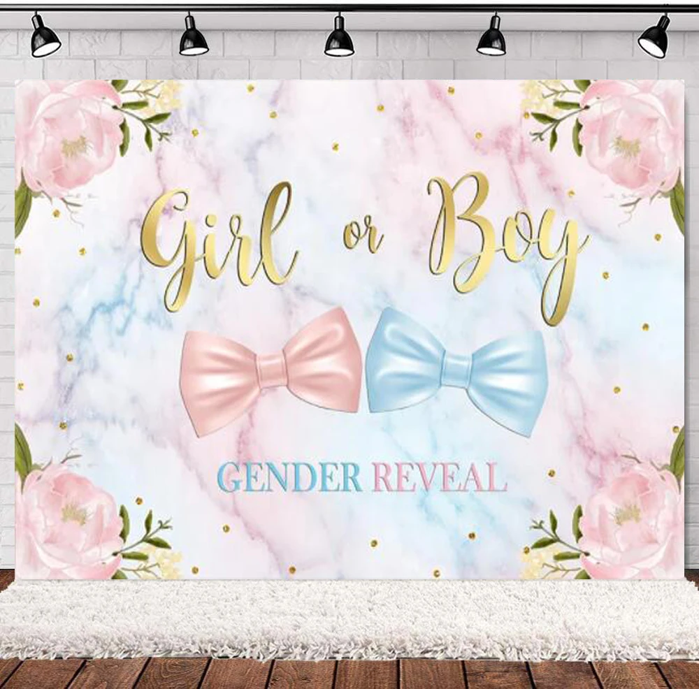 Photography Backdrop White Marble Pink Flowes Photo Blue Or Pink For Boy Or Girl Gender Reveal Background Party Decor Banner