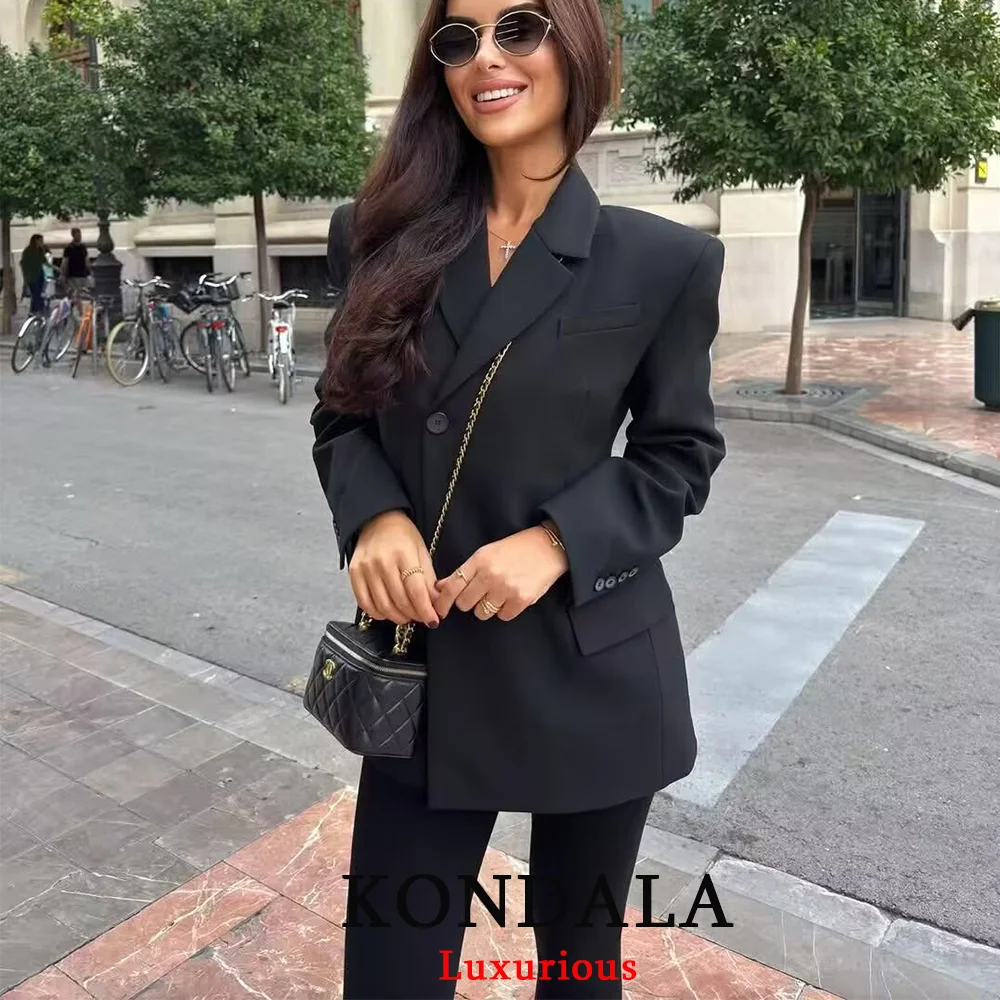 KONDALA مكتب سيدة شيك سترة سوداء المرأة الخامس الرقبة أزرار واحدة كم طويل جاكيتات موضة 2025 خمر المرأة الأنيقة السترة