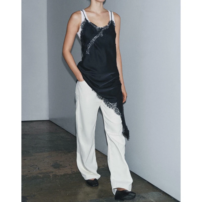 女性用シルクサテンエクストラロングキャミソール、レースアシンメトリーハイロートリムトップス、Y2Kシルキーサイドスリットレイヤリングスリップドレス