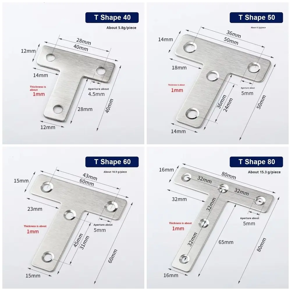 10 قطعة 40/50/60/80 مللي متر ركيزة زاوية 90 ° لوحة توصيل من النوع T ذات الزاوية اليمنى، دعامة زاوية ثابتة من الفولاذ المقاوم للصدأ #6