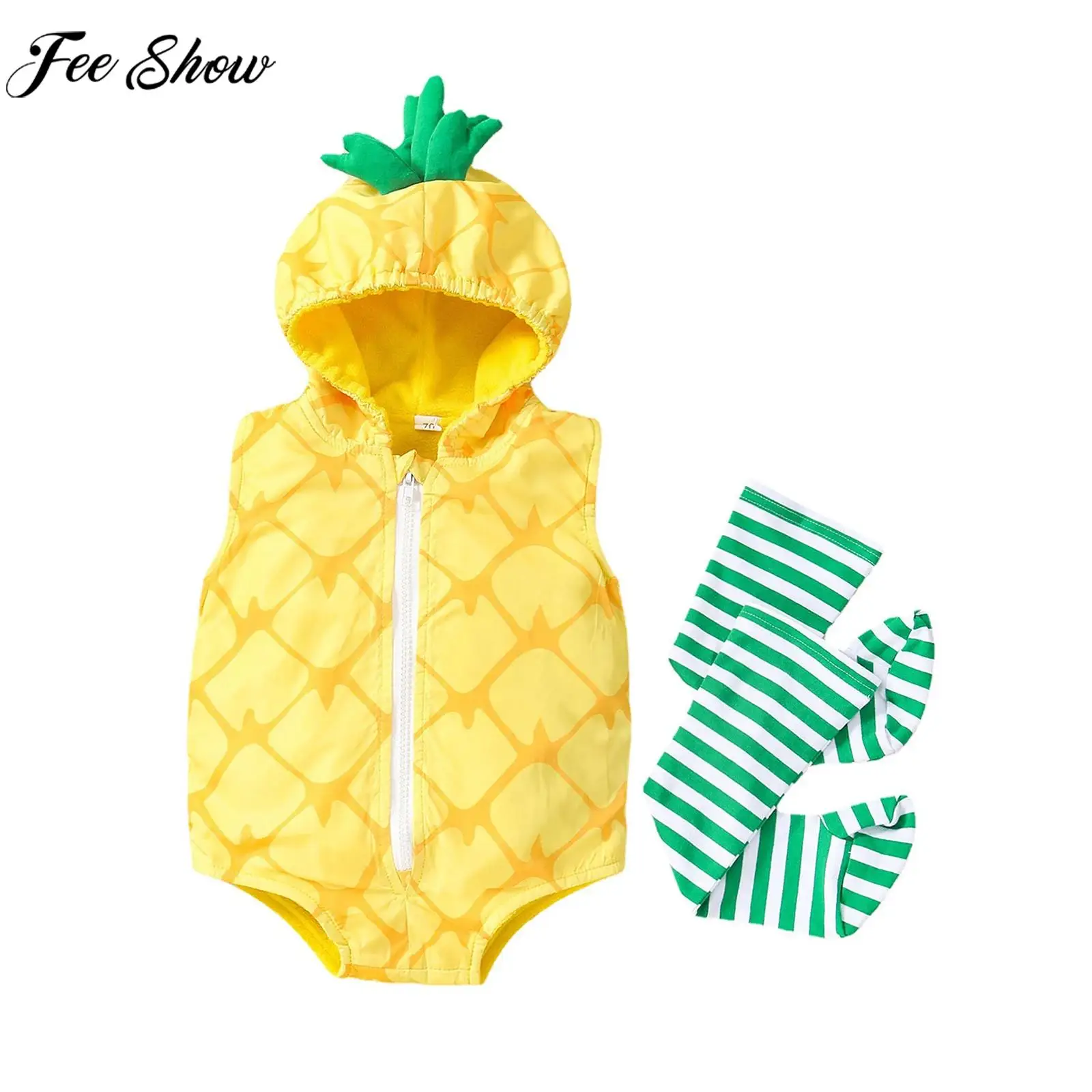 

Baby Sleeveless Zipper Hooded Bodysuit with Warm Sock Cute Pineapple Avocado Rugby Cosplay Romper Photography Costume Daily Wear