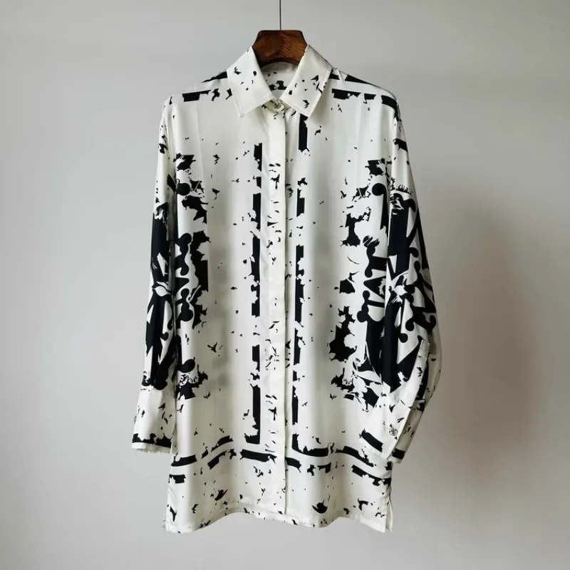 Satin Vintage Women Blouses Spring/summer Prints Korean Clothing Sales Loose Long Sleeves Tops Polo-neck Silk Women's Shirts
