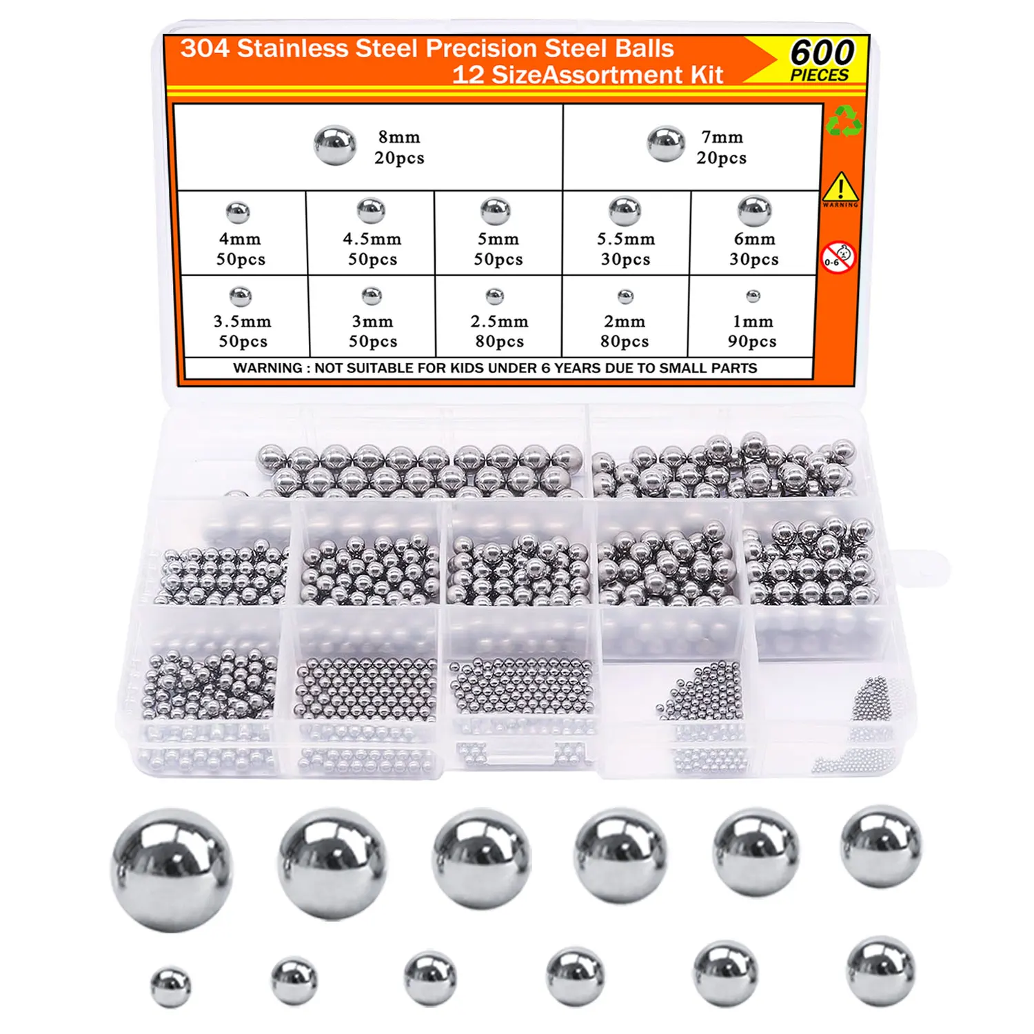600pcs 12 Size Stainless Steel Precision Steel Balls 1-8mm Metric Bicycle Bearing Balls Assortment Kit Mixing Balls, 1-8mm