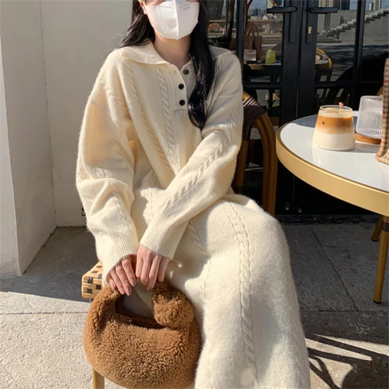 French Turndown Collar Fried Dough Twists Knitted Dress for Women Autumn Winter Loose Lazy Long Dress Casual Sweater  Dress