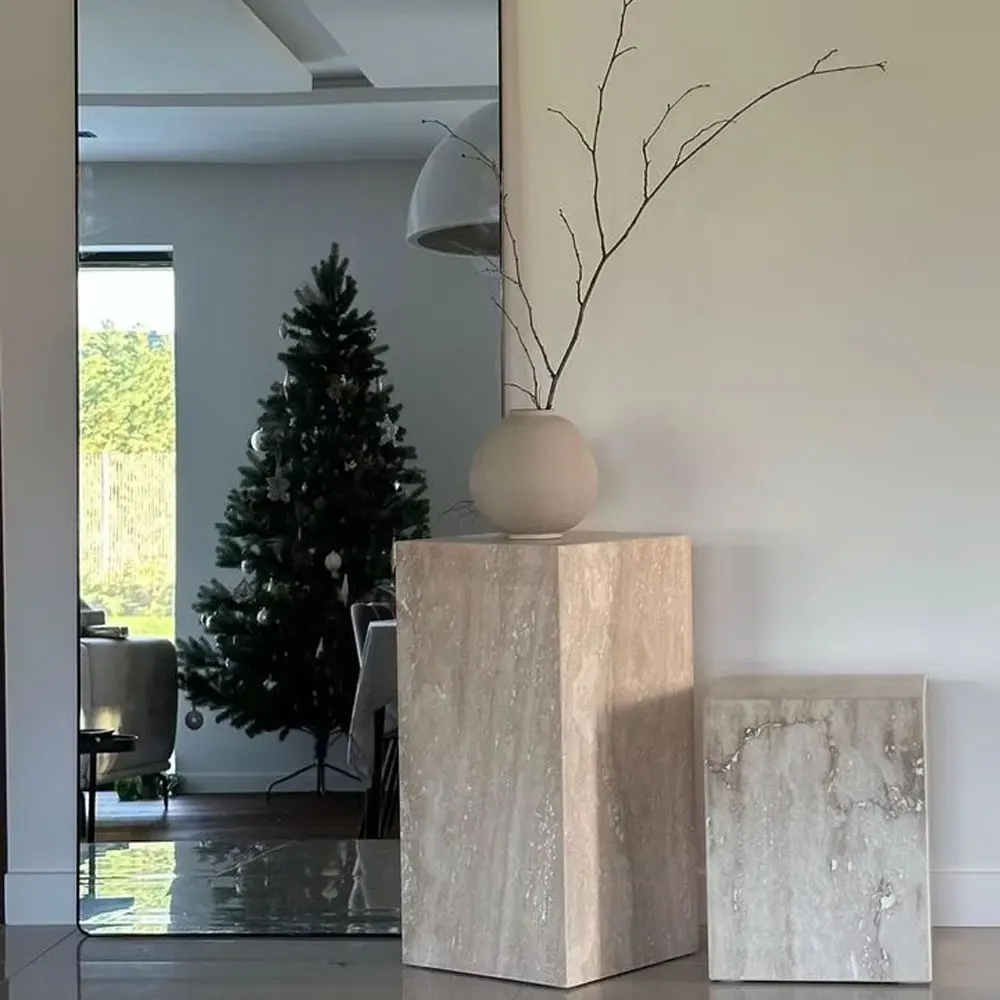 White Stone Plinth Marble Tray Stand for Coffee Table, Simple Design