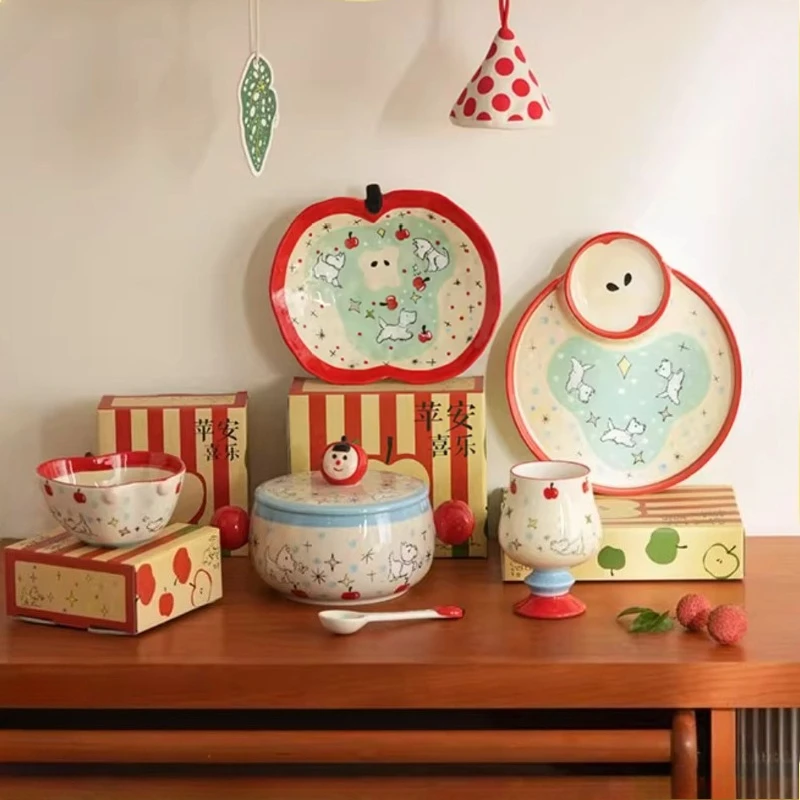 

Cute Ceramic Dinnerware Set Apple Shaped Plate Bowl Mug Spoon Colorful Tableware Gift Idea for Home Decor and Daily Use