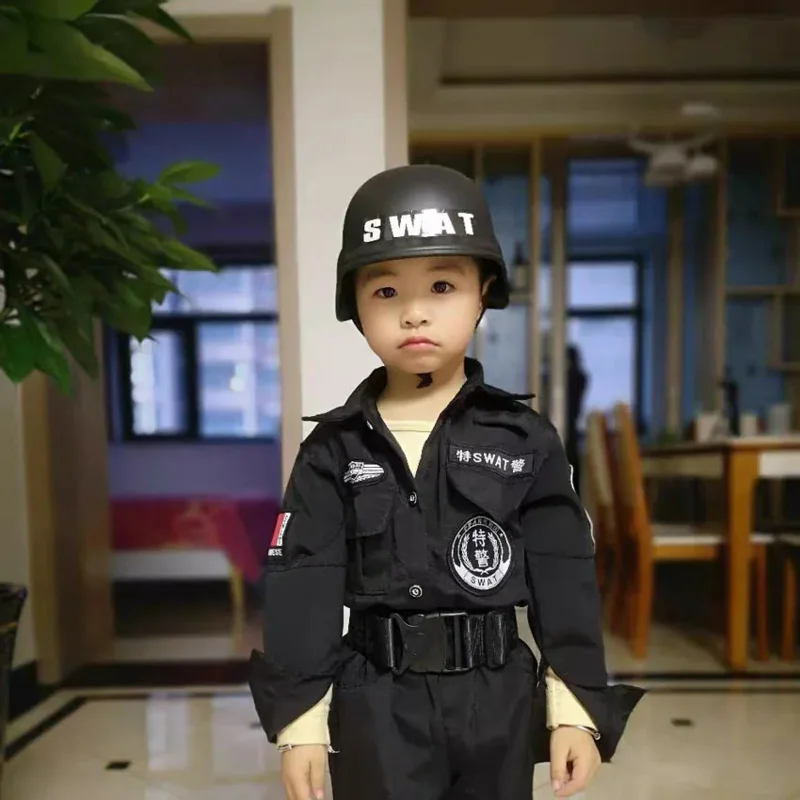 Halloween Special Force Policeman Cosplay Costumes for Kids Boys Girls SWAT Army Suit Police Role-play Kit Tactical Vest Helmet