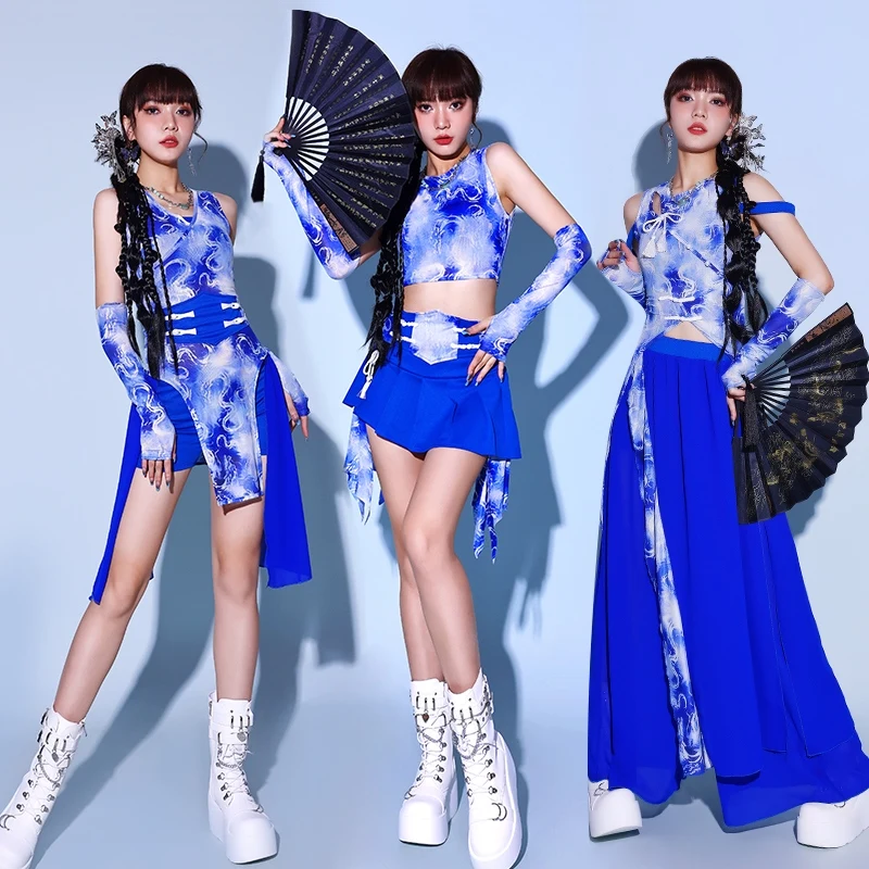 2024 Chinese Style Jazz Dance Performance Costumes For Women Group Gogo Dancers Outfits Blue Kpop Clothing Stage Wear DQS16401