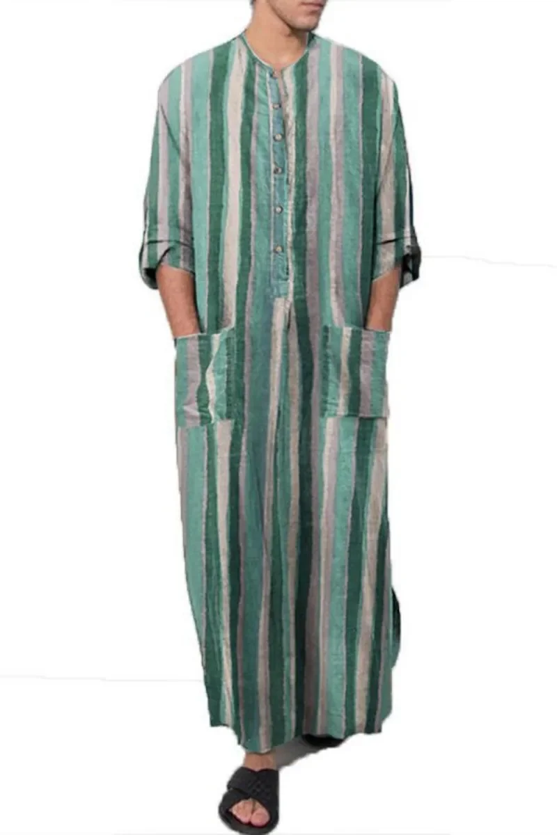 イスラム服メンズファッション長袖イスラム教徒ドレスソフトアバヤローブアラビアオム Musulman サウジ男性ストライプスリープシャツ