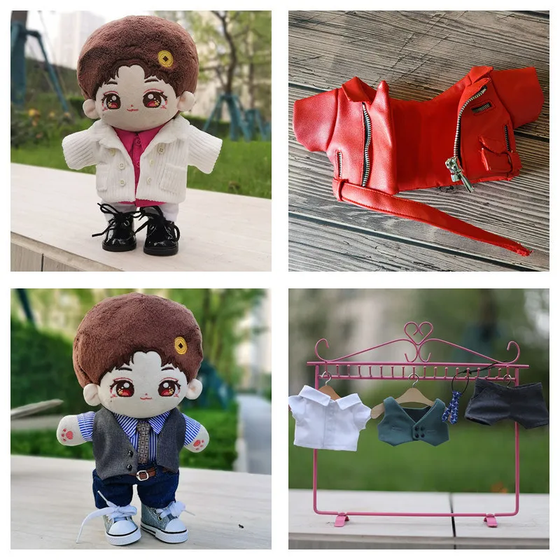 Red leather coat 20cm doll clothes accessories HK mirror 20cm doll edan clothes set pink T shirt