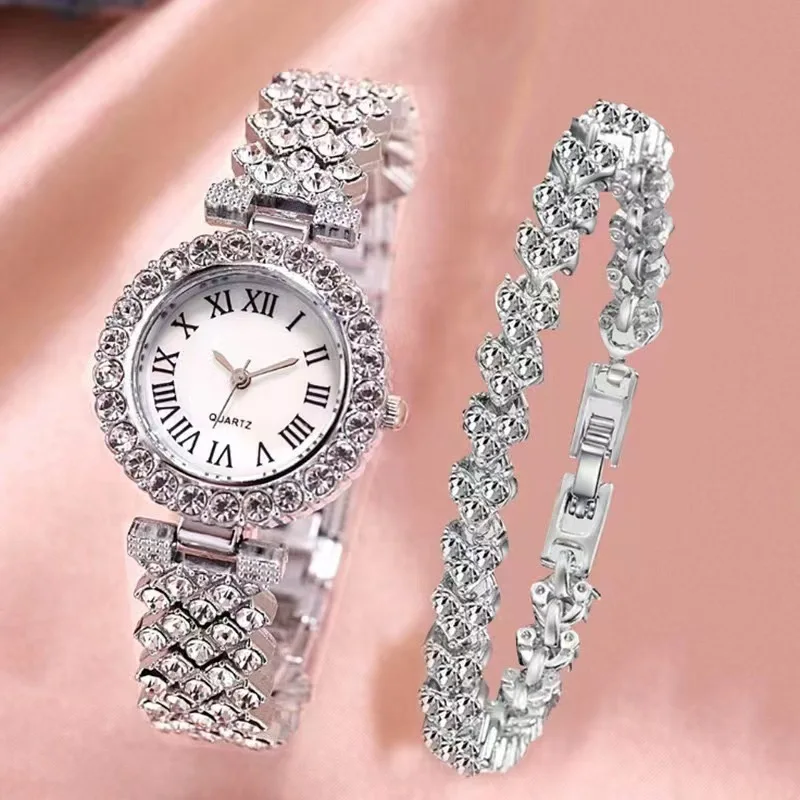 MAYZHISU 2pcs/set Women Watches Fashion Women Quartz Wristwatch with Bracelet Set Luxury Diamond Ladies Watch+Bracelet Jewelry