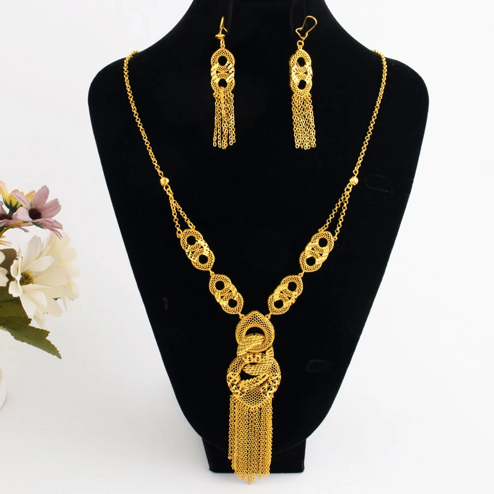

Dubai 24K Gold Color Long Jewelry Sets Wedding African Earrings Necklace Set For Women Nigerian Indian Bridal Set Party Gifts