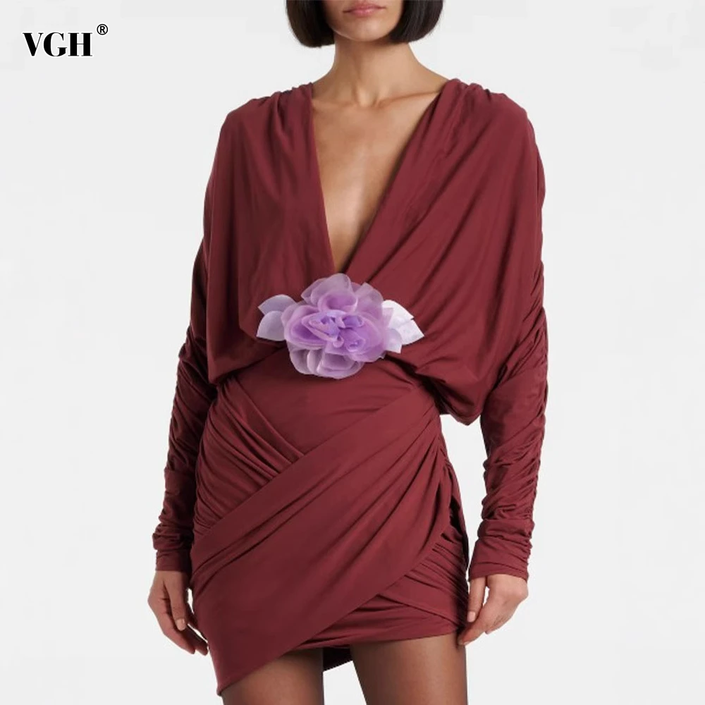 VGH Sexy Temperament Spliced Appliques Mini Dress for Women Deep Neck Batwing Sleeve High Waist Pleated Fashion Dresses Female