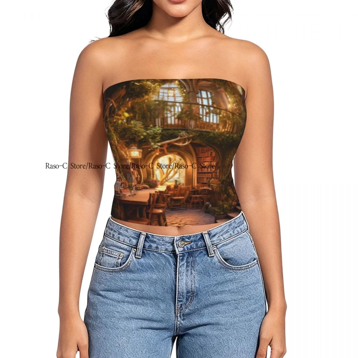 Women's strapless halter top Magical Bookstore Library summer sexy short-sleeved top