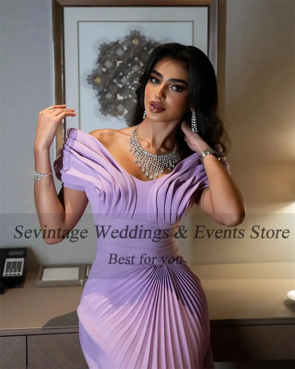 Sevintage gaun Prom sifon Lavender elegan gaun malam panjang sepergelangan kaki berlipat sabuk bahu terbuka vestidos de gala 2024