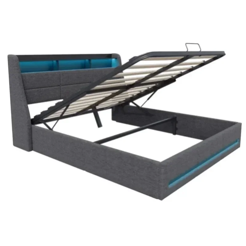 Comanlai, Bett mit integriertem Stauraum, Bettgestell für Queensize-Bett, Schlafbereich 160 x 200 cm, mit Stauraum im Kopfteil und Lattenrost, Doppelbett für Jugendliche, Leinen, Grau.