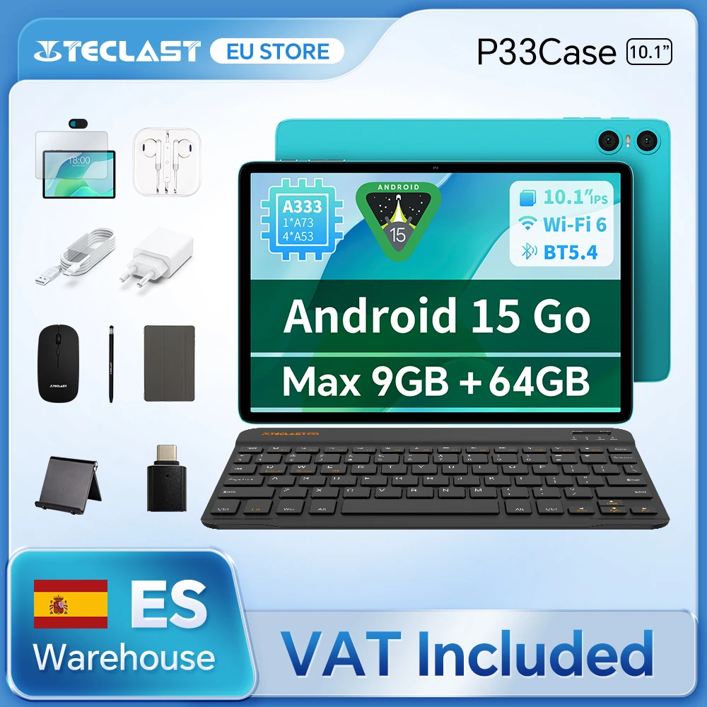 Teclast P33 Android 15 Tablet, 10.1 pulgadas, máximo de 9 gb RAM, 64GB ROM, 1280×800 IPS, A333, 5 núcleos, 6000 mAh, tipo-c