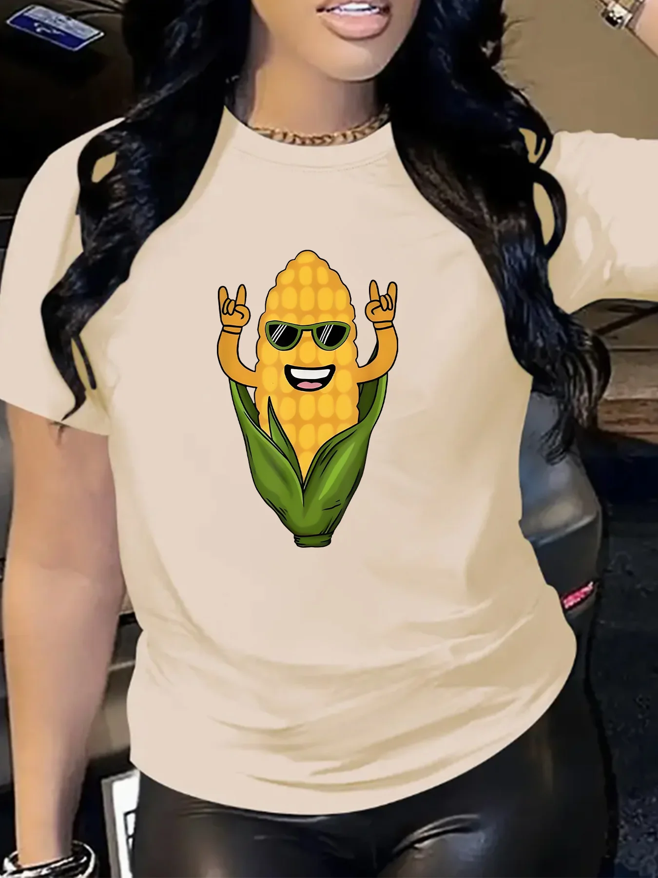 تي شيرت نسائي كاجوال برقبة دائرية بنمط الذرة المرح. بلوزة مريحة بأكمام قصيرة لملابس غير رسمية. تي شيرت يومي. #5