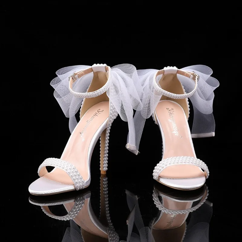 New Fish Mouth Mesh Bow Pearl Sandals Summer Women's Sweet Princess Banquet Wedding Bride Bridesmaid High Heels Shoes Size 43