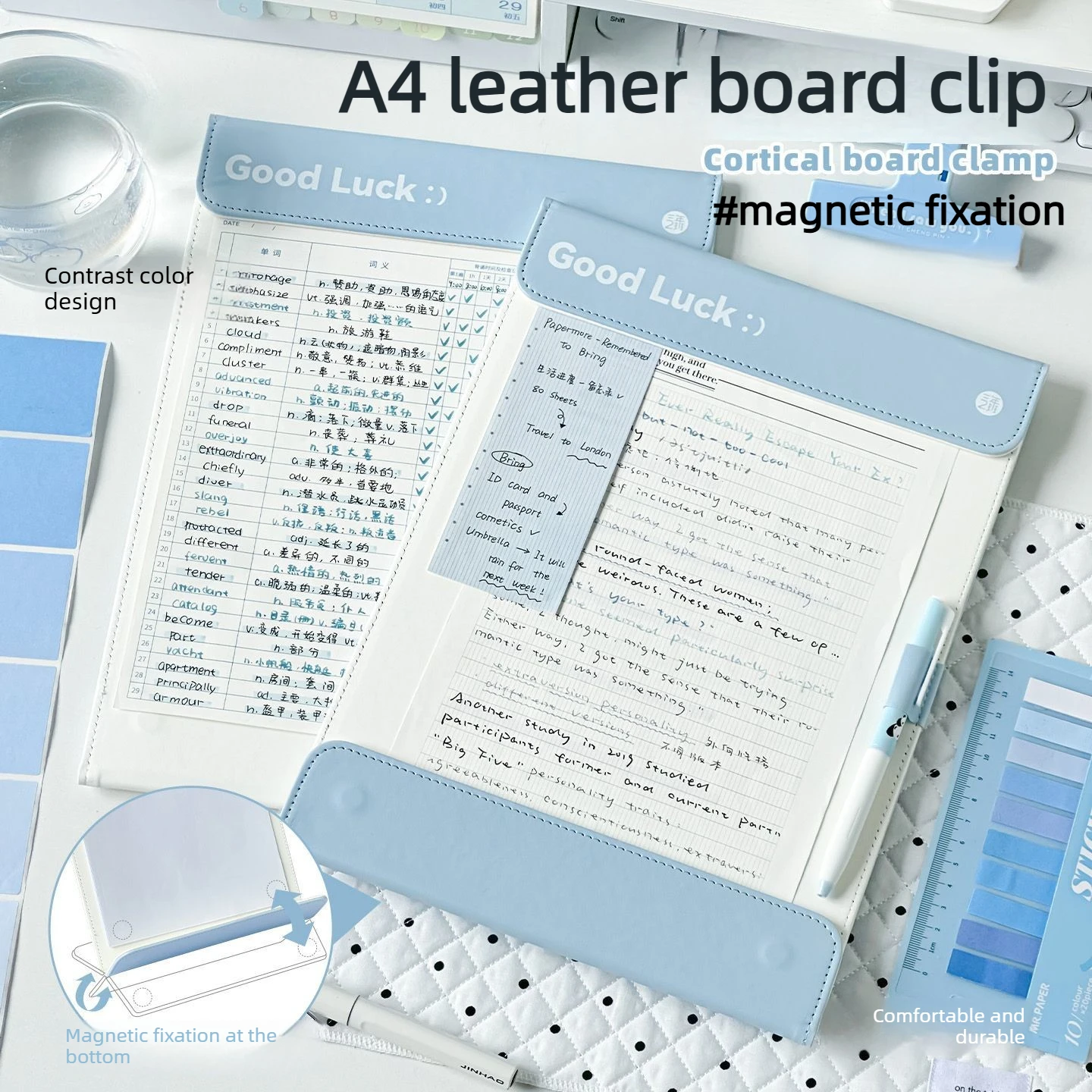 A4 Leather Clipboard Folder Magnetic Closure Contrast Color Widening Design for Business Meeting Test Paper Holder Organizer