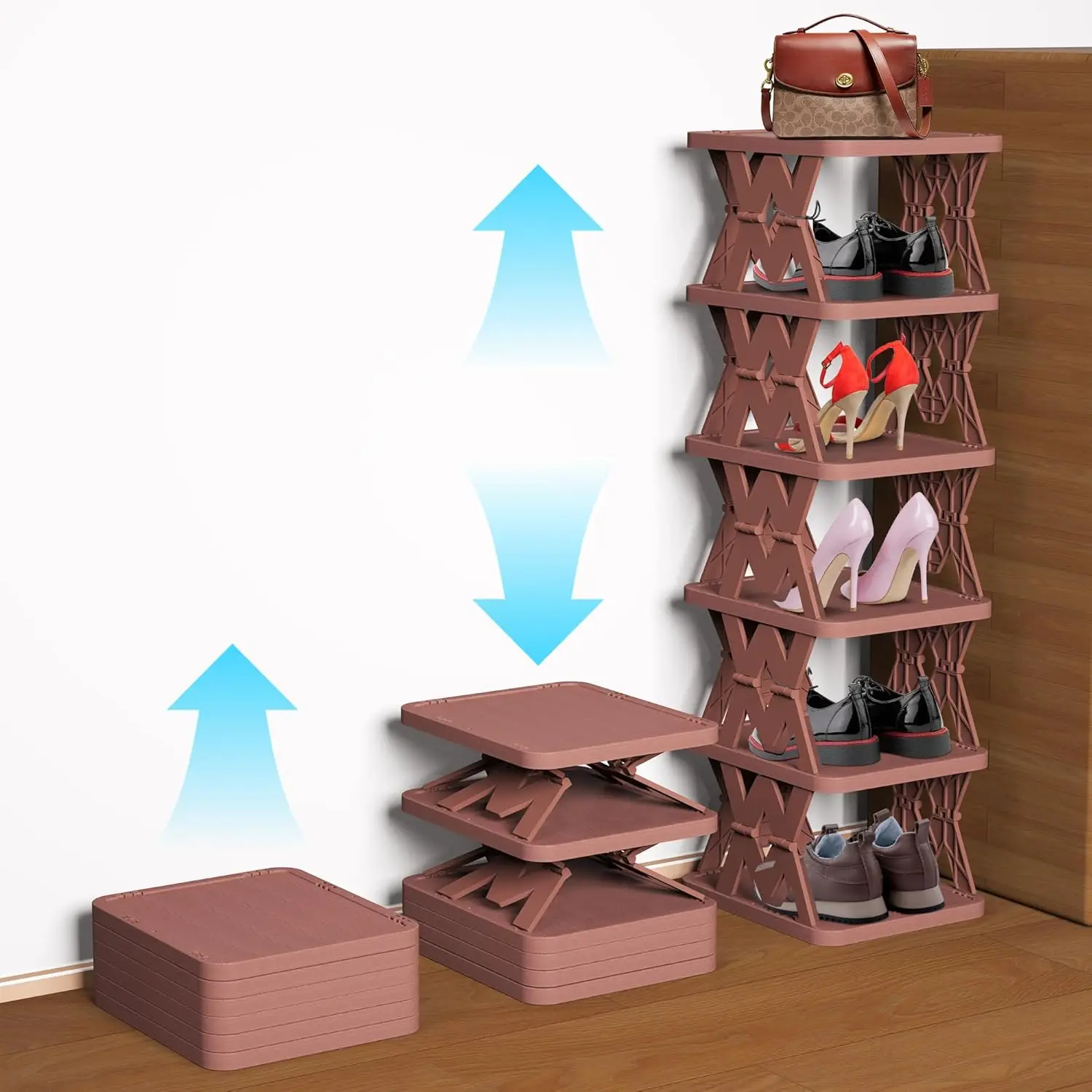 

Shoe Rack, 6 Tier Shoe Organizer Fake Wood Pattern, Foldable Small Shoe Storage Space Saving, Collapsible Shoe Organize