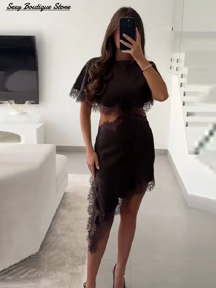 فستان مثير عتيق من الدانتيل البني الساتان بفتحات واسعة ورقبة دائرية شال نصف كم رداء للحفلات أنيق للإجازات فيستدو 2025 فساتين نسائية جديدة