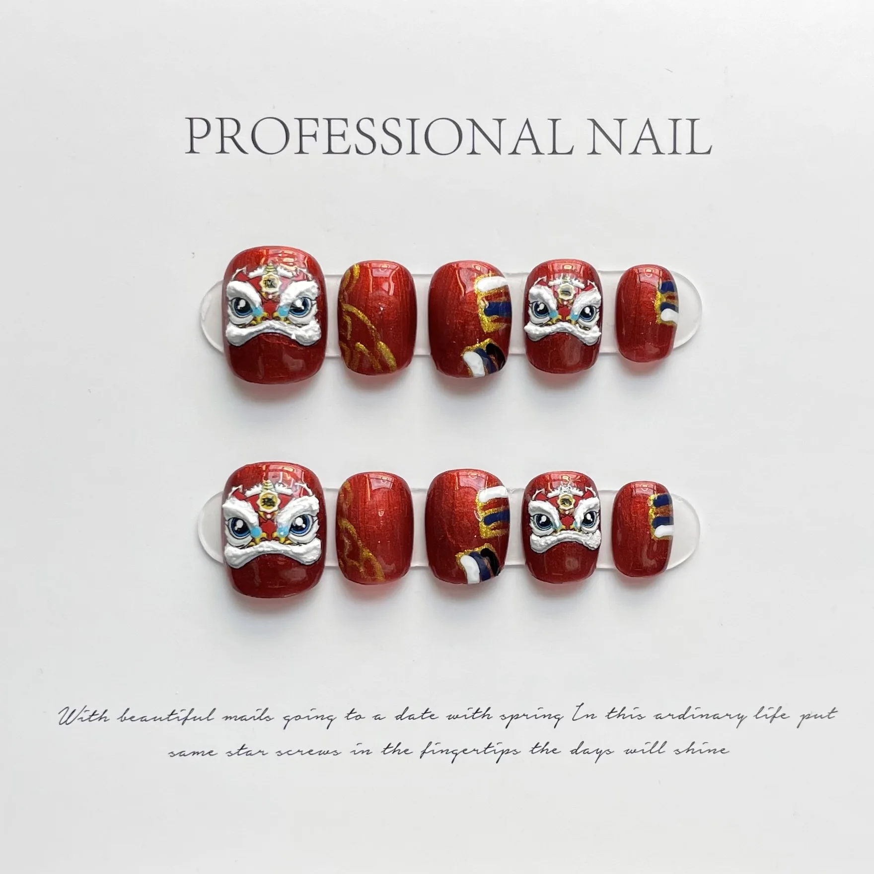 

Chinese Red Handmade Nails Press on Full Cover Manicuree Lion False Nails Wearable Artificial With Tool Kit