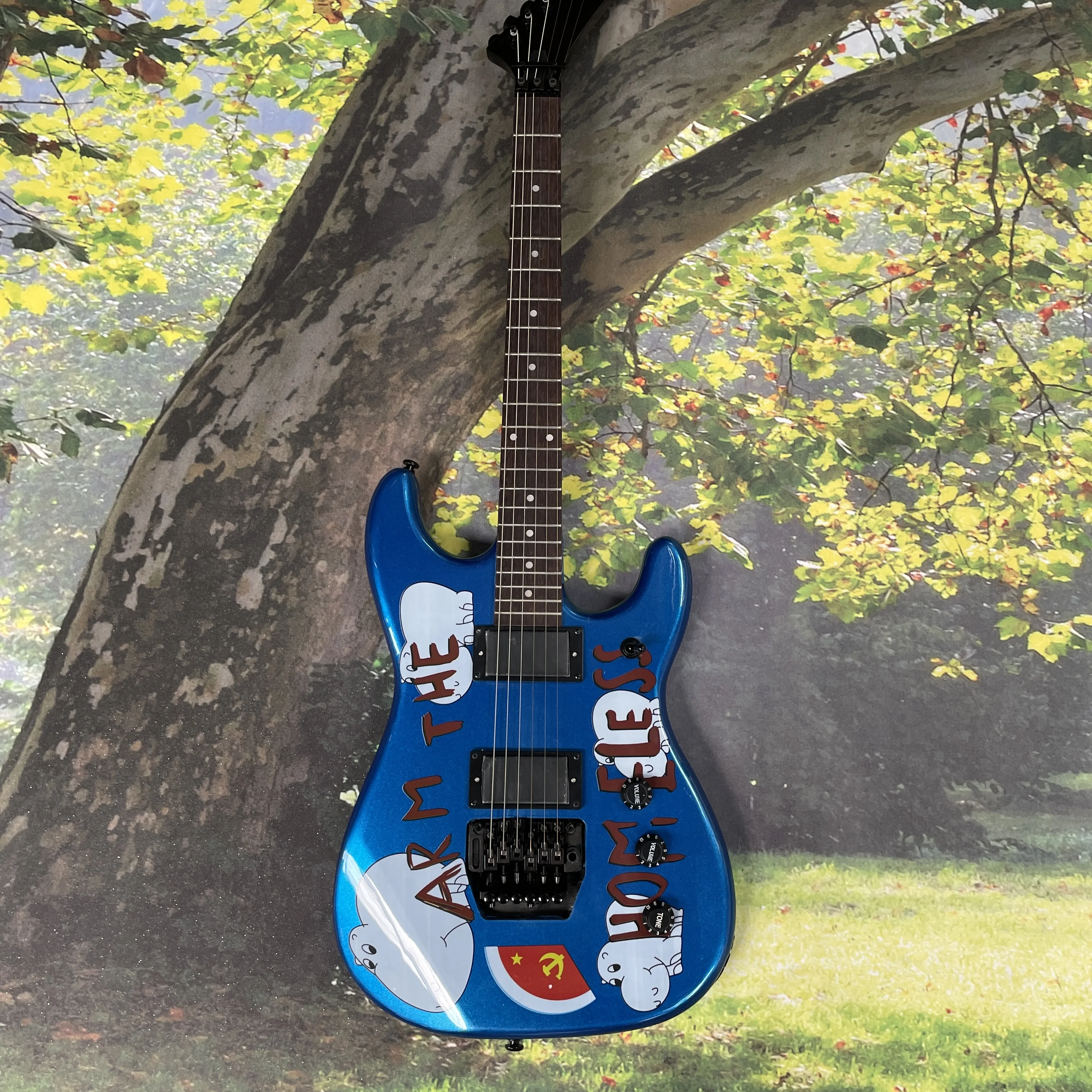 Blue background graffiti electric guitar, high gain double pickup double tremolo system guitars, speed picking player electric g