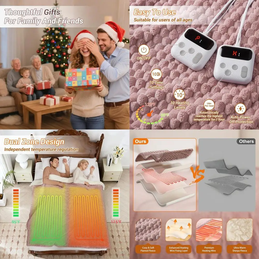 

Queen Size Electric Blanket 84x90, Dual Controls, 10 Heat Levels, Auto-Off, Soft Fleece, Washable, Pink