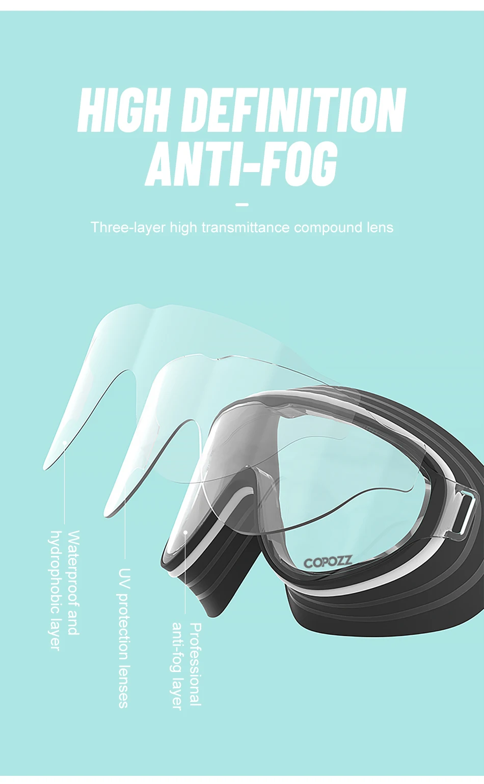 COPOZZ Neue Schwimmbrille für Erwachsene mit großem Rahmen, professionelle Beschichtung, langlebig, Anti-Beschlag-Komfortbrille, Schwimmbrille für Männer und Frauen – Detail 5