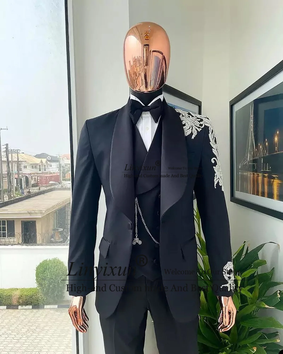 

Sprkly Men Suits With Appliques Beaded Groom Wedding Tuxedos 3 Pieces Sets Busines Male Blazer Slim Fit Prom Terno Masculinos