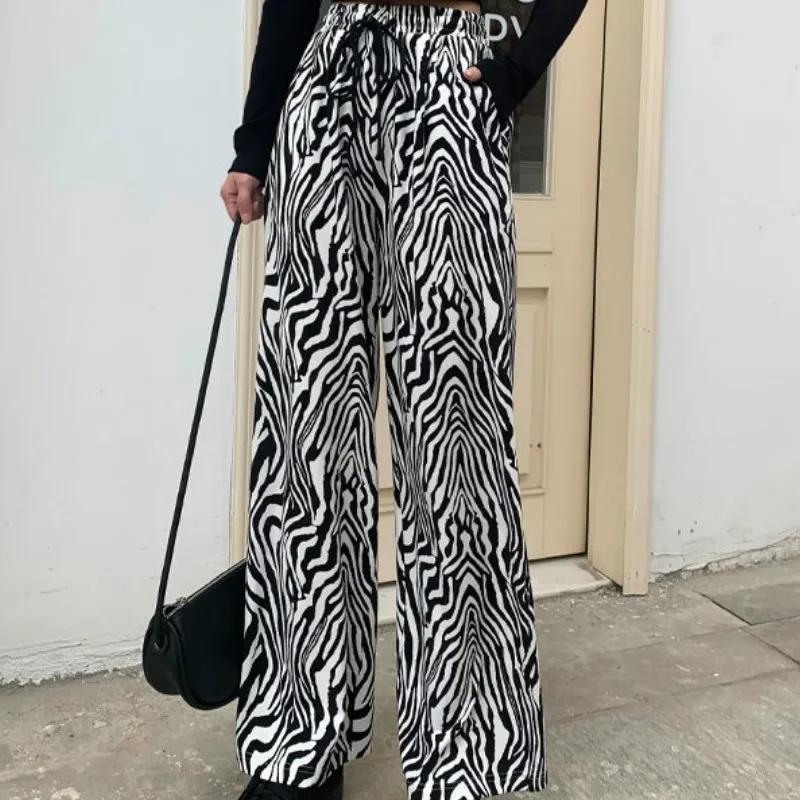 Pants Women Lace-up Adjustable Zebra Pattern Striped Fashionable Loose Leisure Stylish Straight Trousers Womens Comfortable Chic