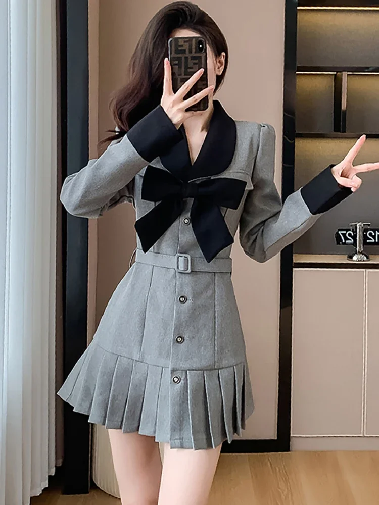 2024 New Chic Bow Y2k Mini Pleated Dress Women Long Sleeve Bodycon Casual Prom Clothes Autumn Winter Korean Elegant Party Dress