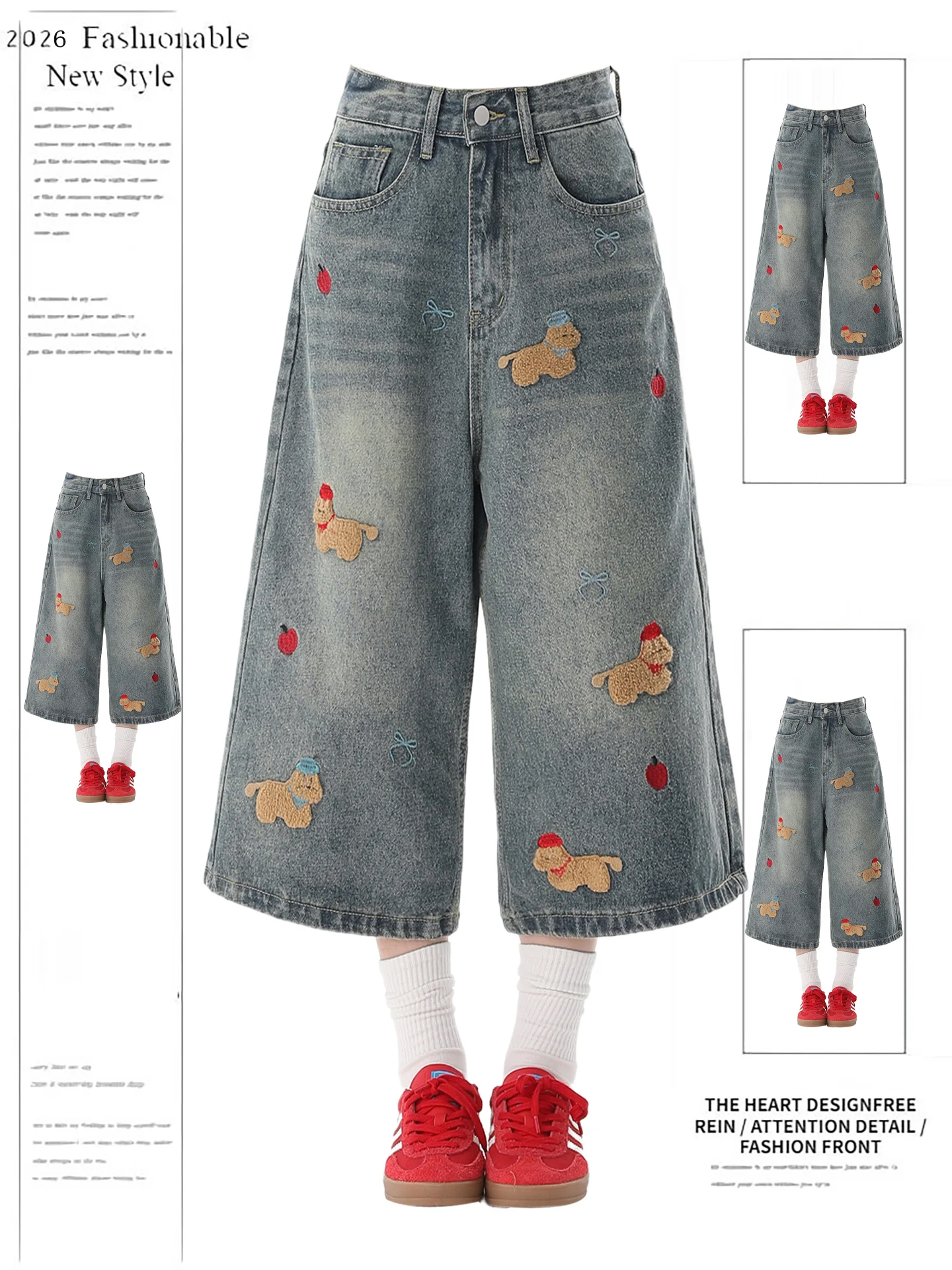 

Blue Embroidered Cartoon Dog High Waist Wide Leg Jeans Casual Summer orts for Women Vintage American Sle Seven-Five-Lengt...