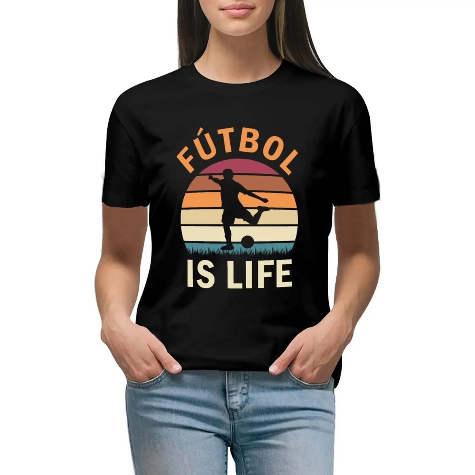 Fútbol Is Life Football and Soccer Lover Vintage Retro Sunset T-Shirt Aesthetic clothing sublime Women's cotton t-shirt