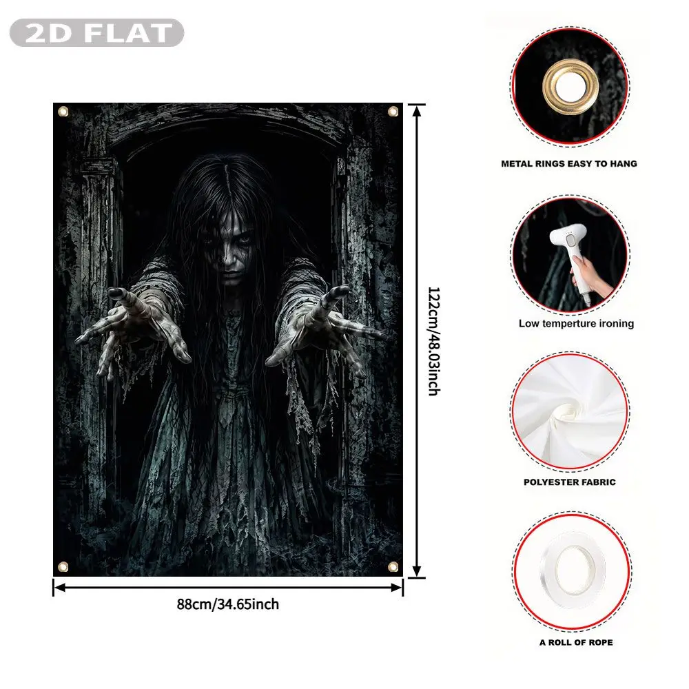 2D FLAT 1pc Party Banner, Halloween Window Cover with Scary Ghost Woman Reaching Out From Dark Doorway,122x88cm, Polyester