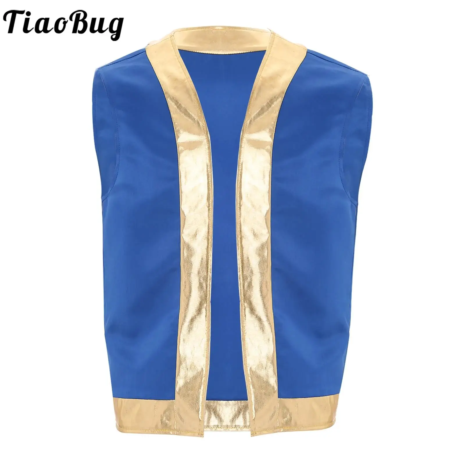 

Mens Deluxe Arabian Prince Stain Vest Shiny Tops Halloween Toad Vest Open Front Waistcoat Indian Arabian Captain Cosplay Costume