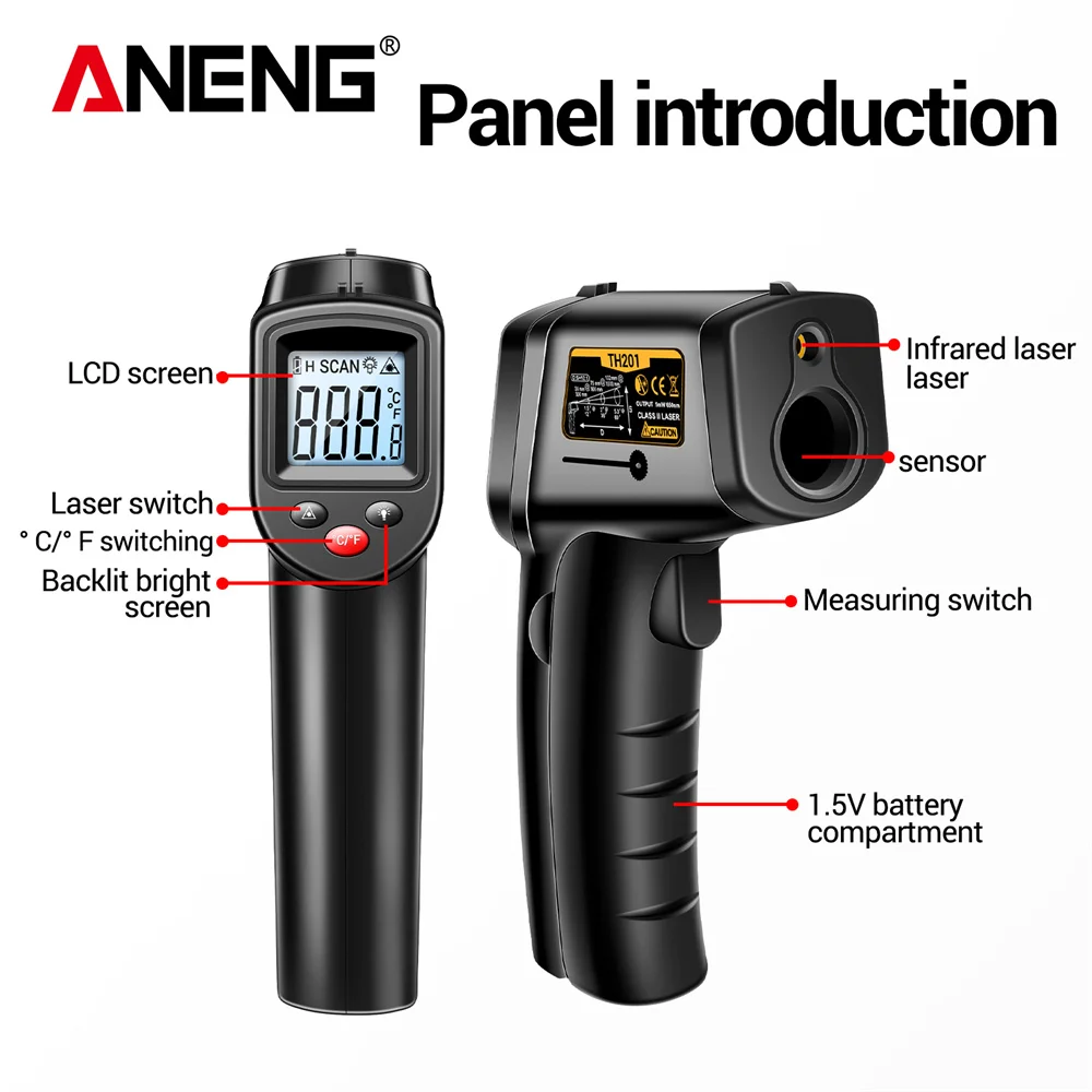 Imagem -04 - Aneng Th201 Termômetro Digital de Posicionamento a Laser com Tela de Retroiluminação de Alta Sensibilidade com Ferramentas de Alcance de Alta e Baixa Temperatura