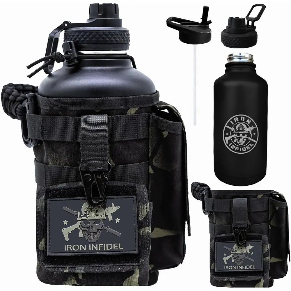 

Large 64 oz Insulated Water Bottle with Paracord Handle and Removable Camouflage Sleeve