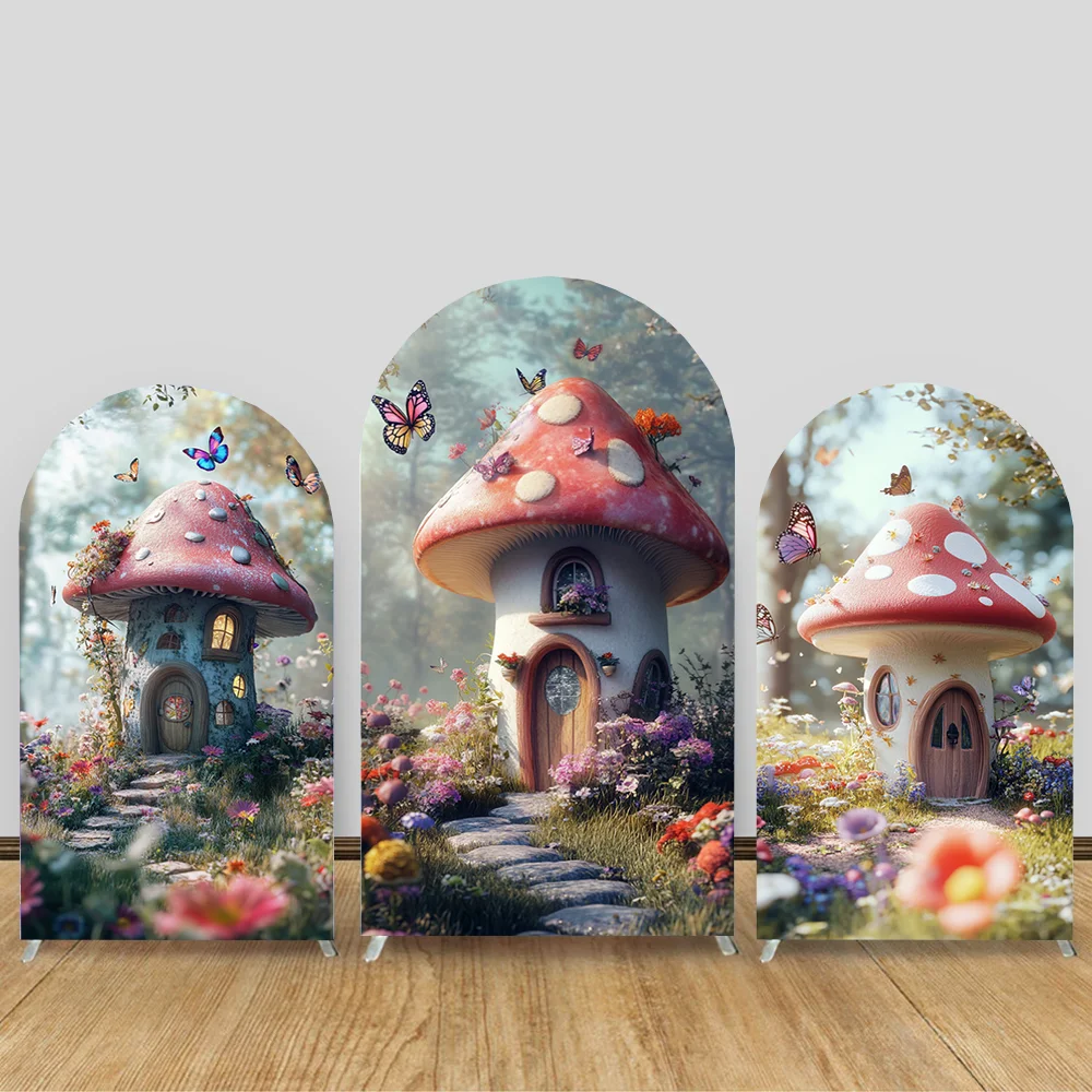 

Custom 2-Sided Fairytale Mushroom Floral Girls Birthday Party Baby Shower Cover Chiara Arch Background Decor Backdrop