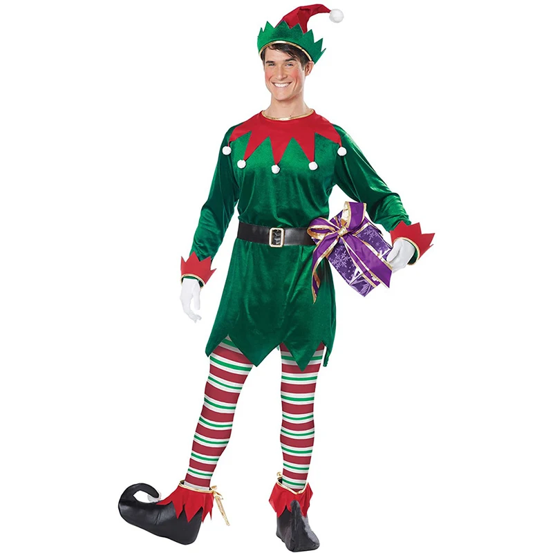 Unisex Naughty Green Christmas Holiday Helper Elf Costume Santa Claus Mascot Cosplay Fancy Party Dress Carnival Halloween