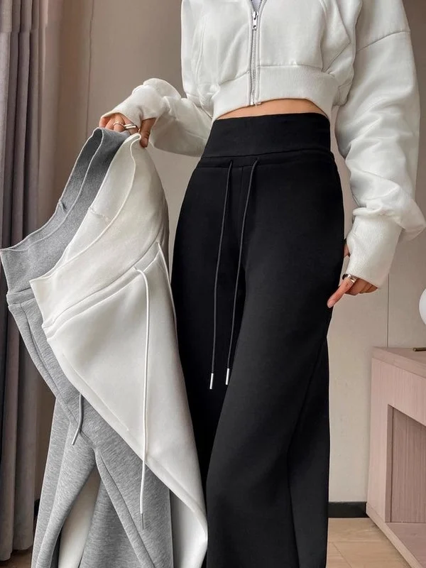 

Женские широкие брюки на флисовой подкладке, осенне-зимние, повседневные, свободные, прямые, в американском стиле, спортивные штаны с завязками