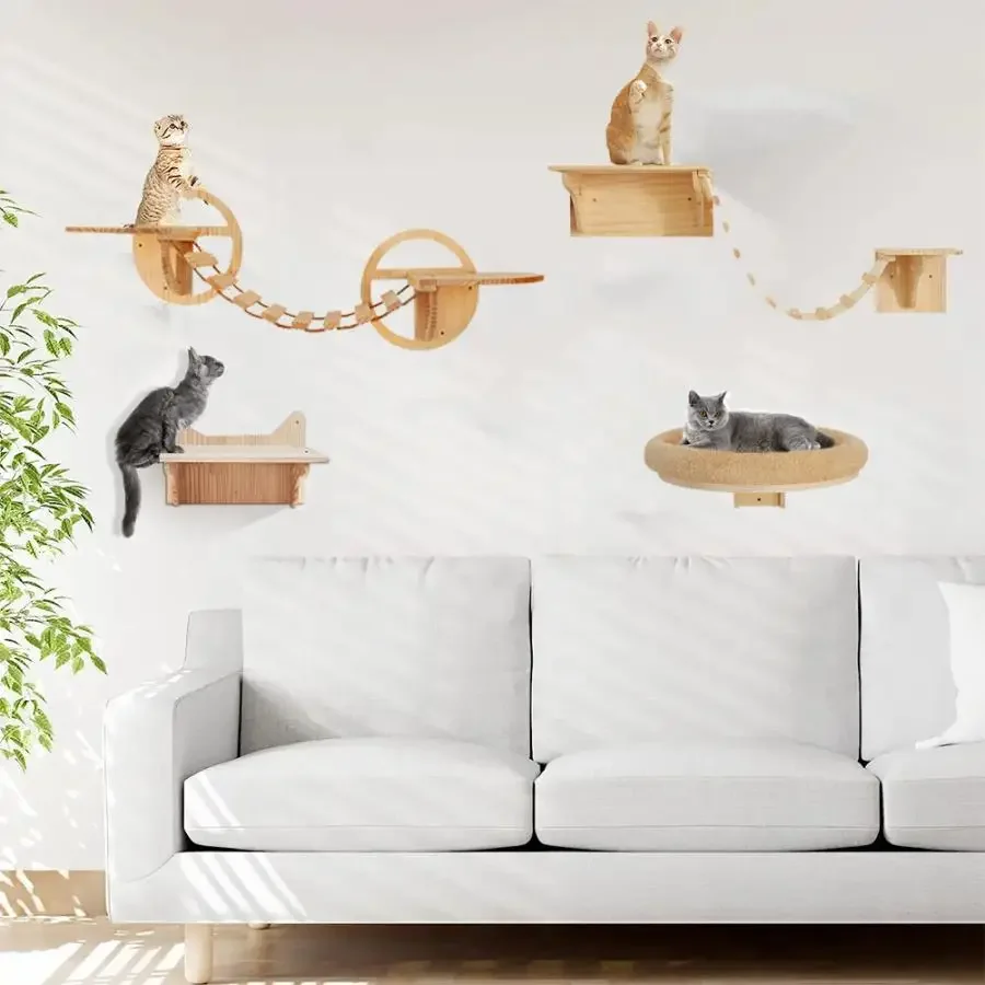 

Wooden wall-mounted jumping platform furniture suitable for cats and other pets with two circular climbing frames