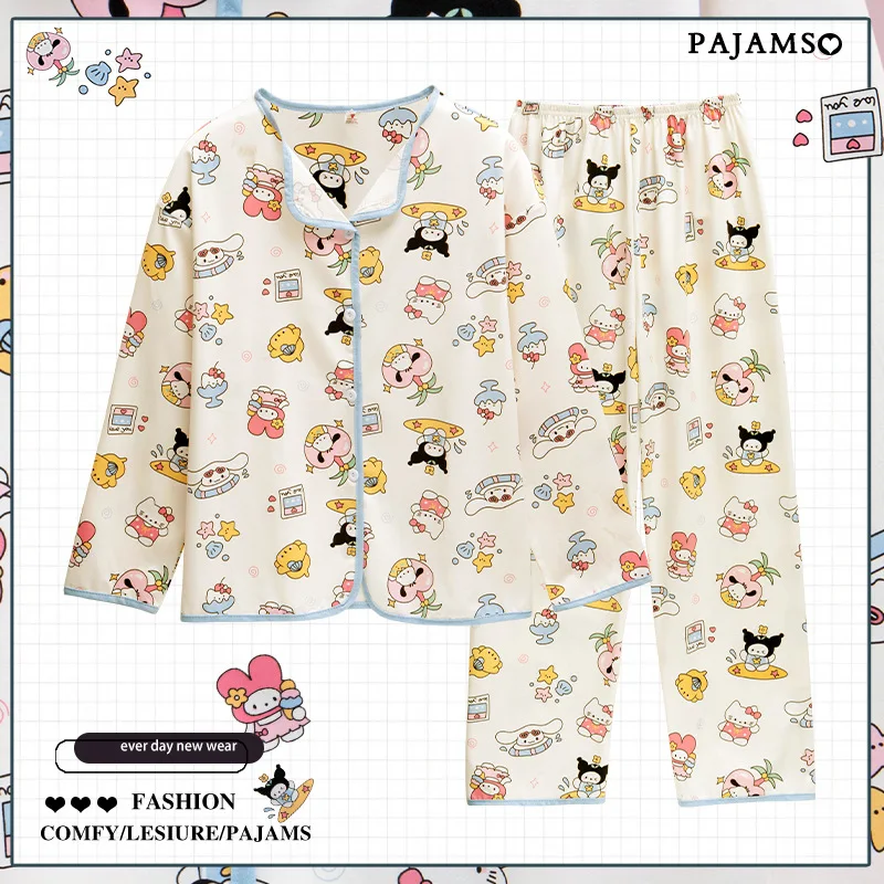 Sanrio Hello Kitty Milk Silk Neck Cardigan Pajamas Ladies Spring and Autumn Pacha Dog Long Sleeve Cute Loungewear