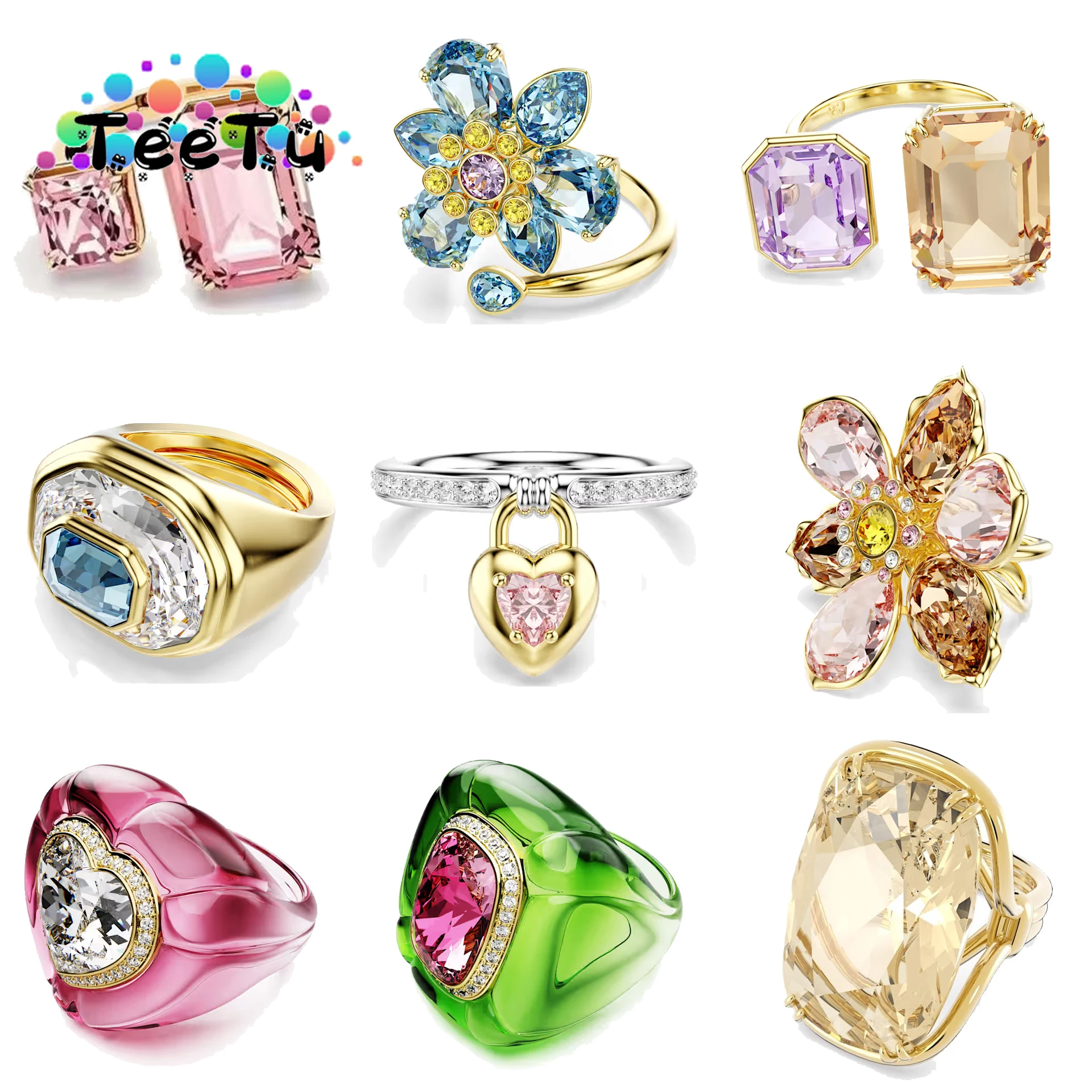 Anillos originales para fiesta de cóctel 2025, nueva tendencia, joyería de cristal de lujo, abalorio, flor rosa, anillo de cristal geométrico dorado, regalo para mujer