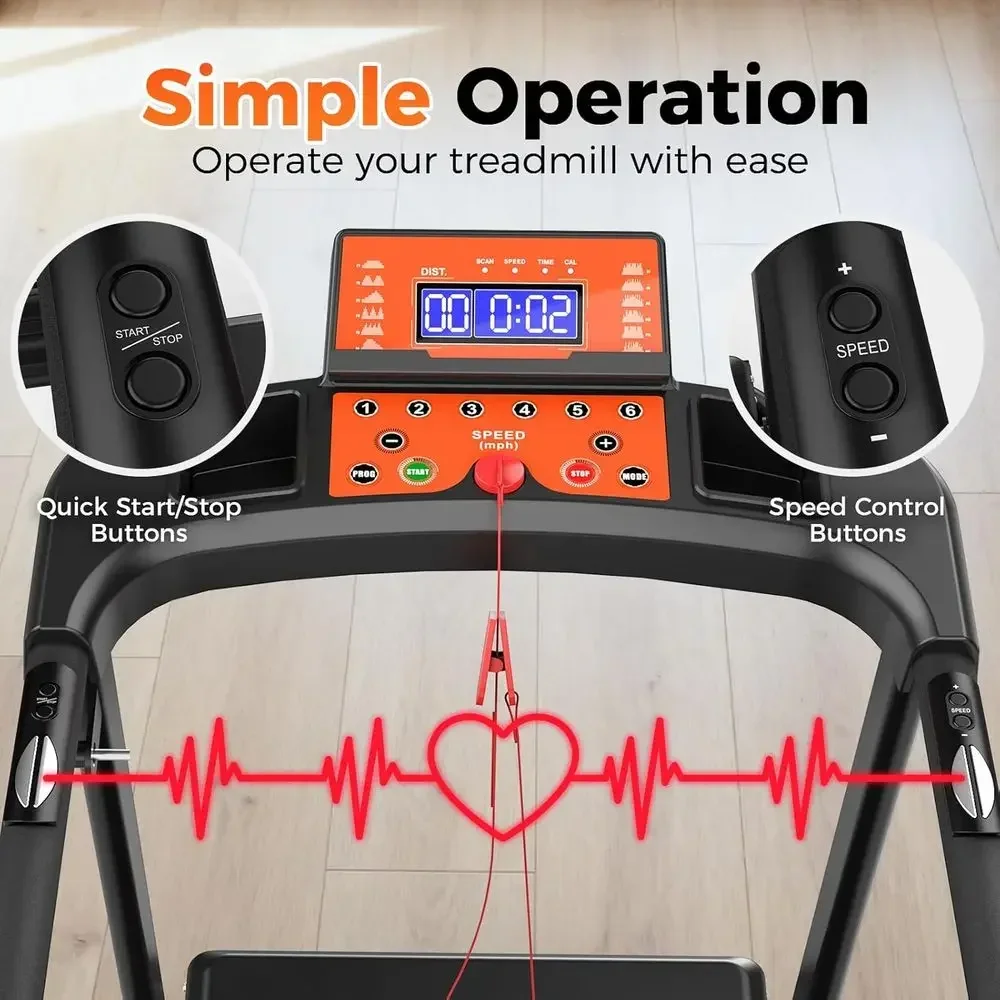 Extended Safety Handrails Treadmill for Home Recovery, Senior Fitness, Heart Rate Monitor, LED Display, Supports Up to 310 lbs