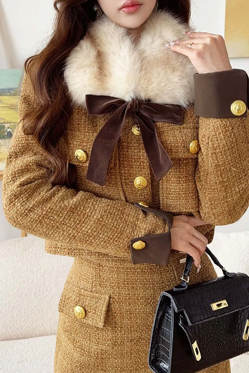 DABUWAWA Элегантные винтажные комплекты из 2 предметов с меховым воротником, женская легкая модная куртка в стиле ампир, юбка с переплетом Y2K DA1DSE003